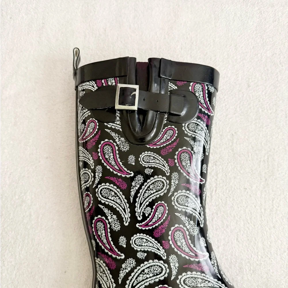 Paisley Rubber Rain Boots Black Purple